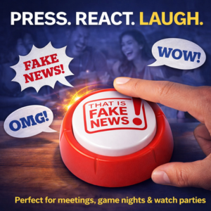 Fake new button pushed with speech bubbles and people in background