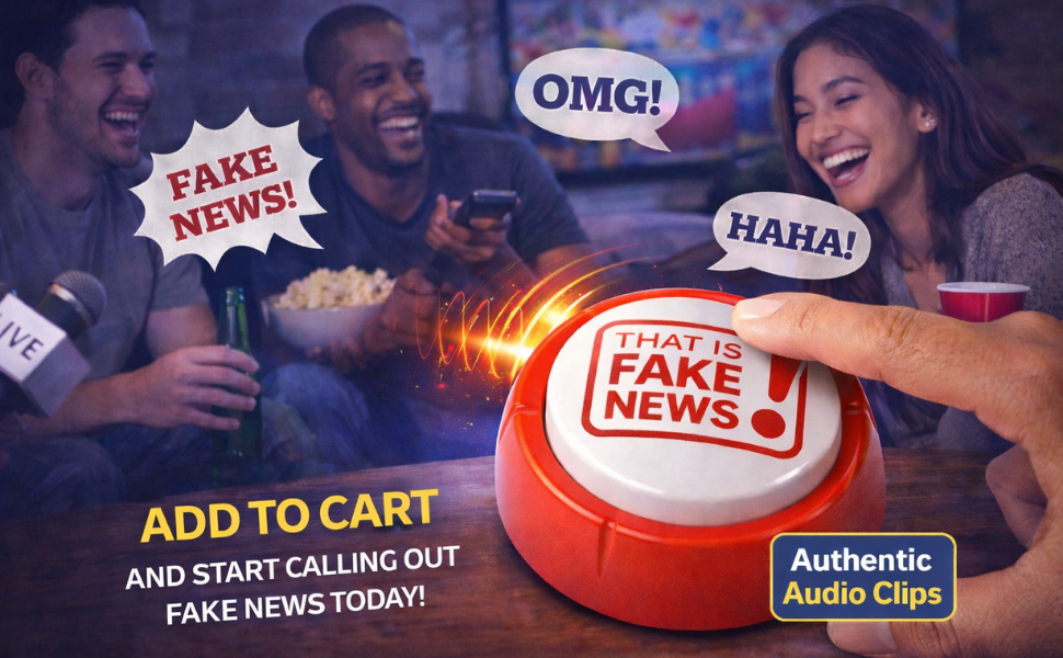 Fake news button being pressed with people in background