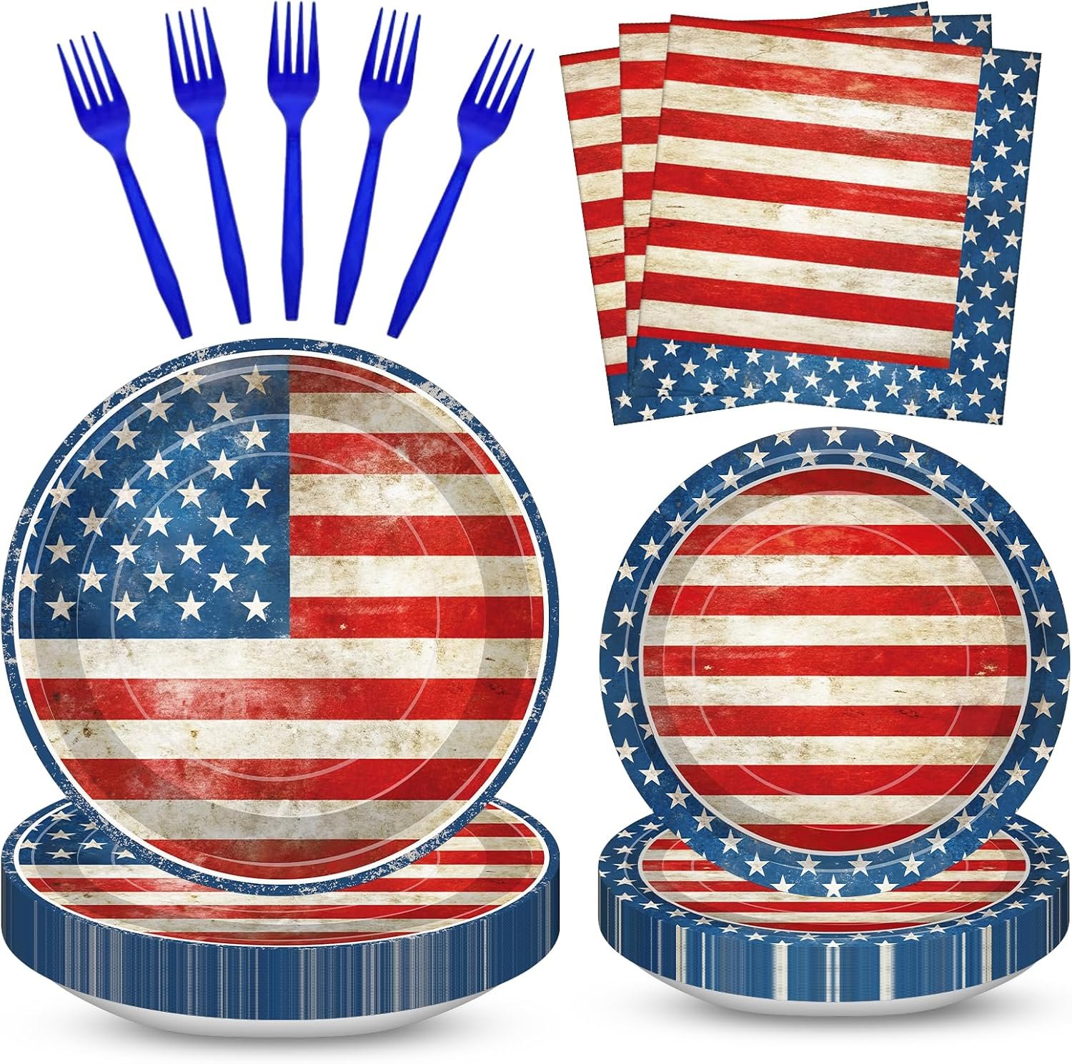 100 Pcs American Flag Party Supplies Set, Serves 25 – Disposable Patriotic Paper Plates, Napkins, and Forks, USA Flag-Themed Tableware for 4th of July, Memorial Day, Veterans Day, Independence Day BBQ