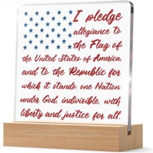 Christian 4th of July Patriotic Decorations Gifts for Independence Day Decor, I Pledge Allegiance to the Flag of United States of America Desk Table Decor Acrylic Plaque with Wooden Stand