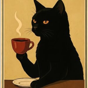 Funny Cat Coffee Metal Sign – More Espresso Less Depresso, Black Cat Wall Decor, Humorous Coffee Lover Gift, Vintage Cat Plaque for Home or Office