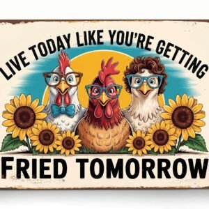 Live Today Like You’re Getting Fried Tomorrow Funny Chicken Metal Tin Sign, 8×12 Inch Retro Farmhouse Decor, Humorous Wall Art for Chicken coop farm, Home, Bar, Garage, Cafe