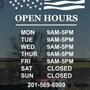 Business Hours Sign for Window Decal – Patriotic American Flag Design – Vinyl Material – Portrait Style – Free Squeegee – Easy Install Manual