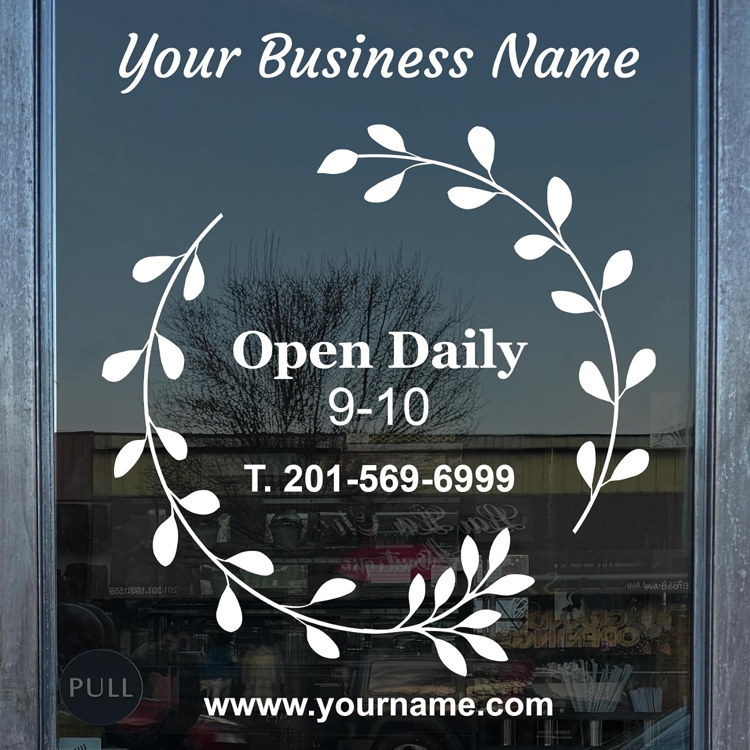 Business Hours Sign for Window Decal with Wreath Design (3Line)