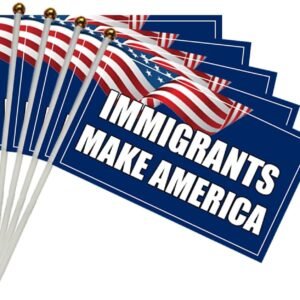 10 Set NO King in Amercia Small Flags on Stricks,Mini Resist Handheld Flag, 5×8 Inches Flags for Outside Holiday Yard Patio Decorations. (IMMIGRANTS MAKE AMERIGA, 10)